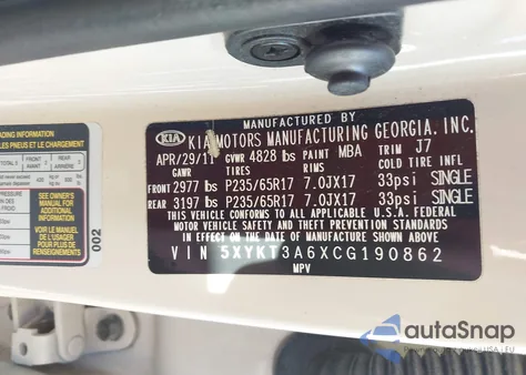 2012 Kia Sorento Lx z USA, uszkodzony, nr VIN 5XYKT3A6XCG190862